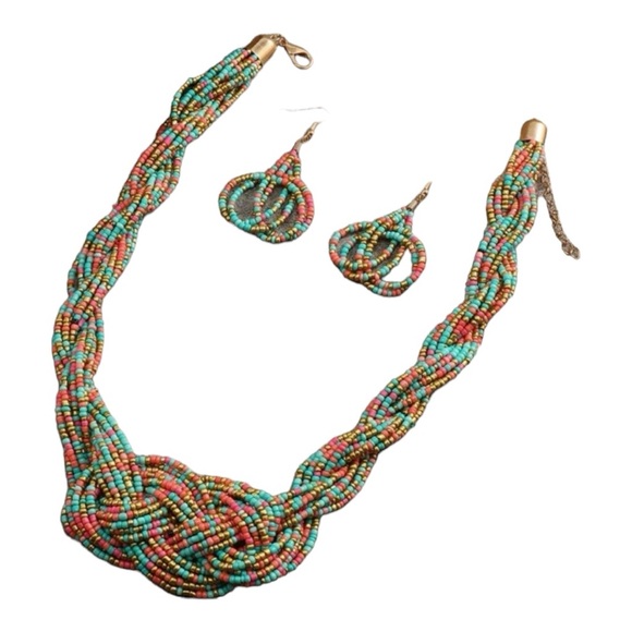 Bohemian Multi-Color Block Beaded Necklace & Drop Earrings Set - Picture 2 of 4